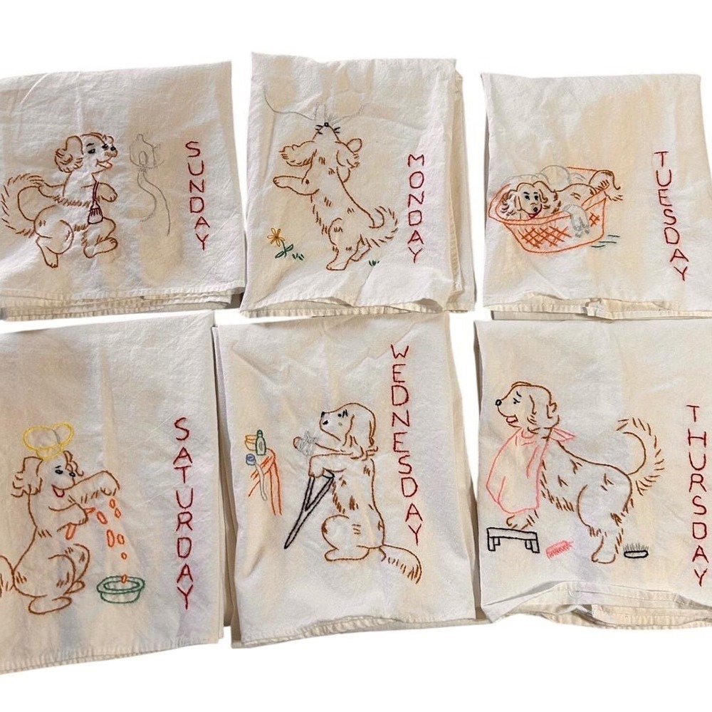 Unbranded Vintage Embroidered Dog Days of the Week Towels Set of 6 White‎
